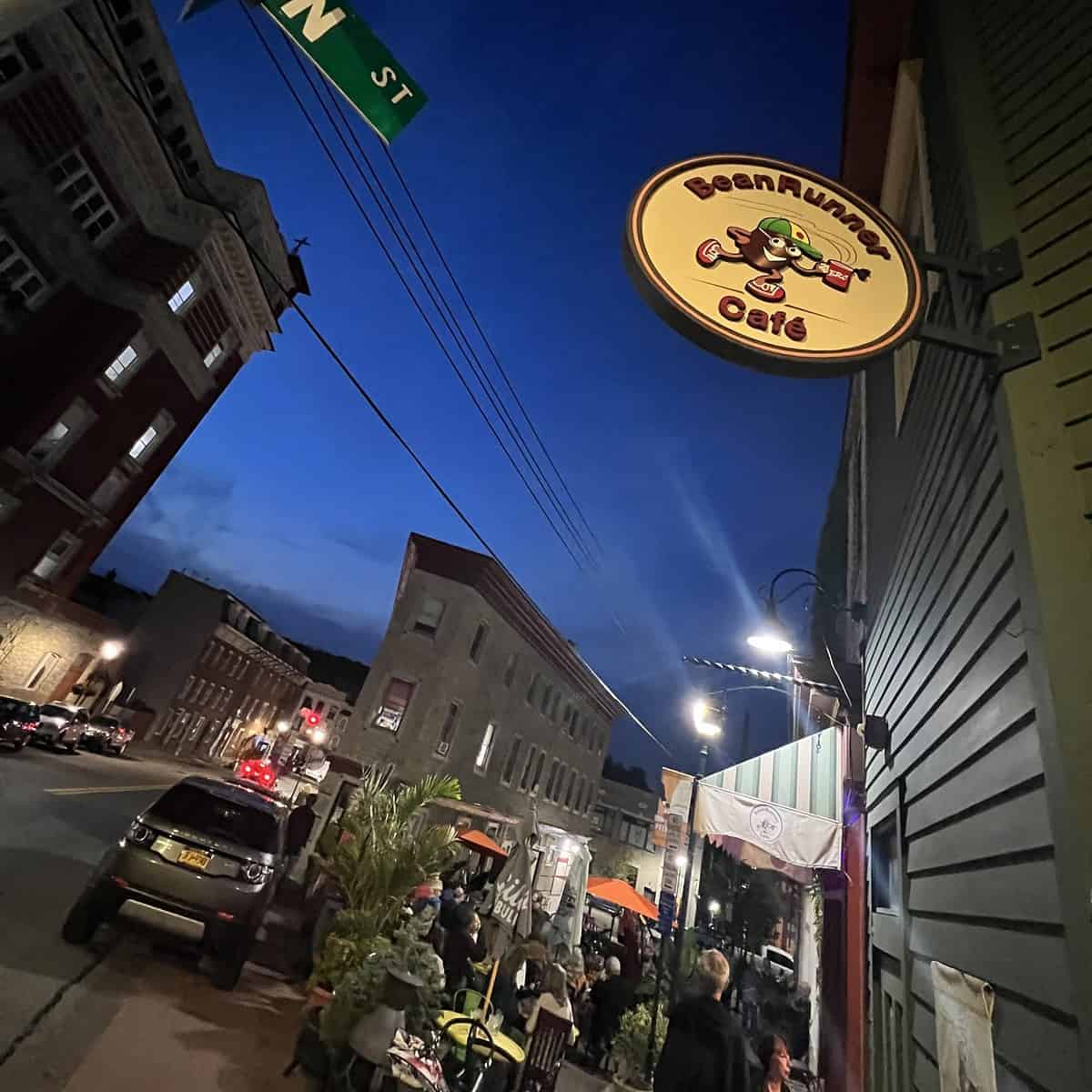 The exterior of the BeanRunner Cafe at twighlight,