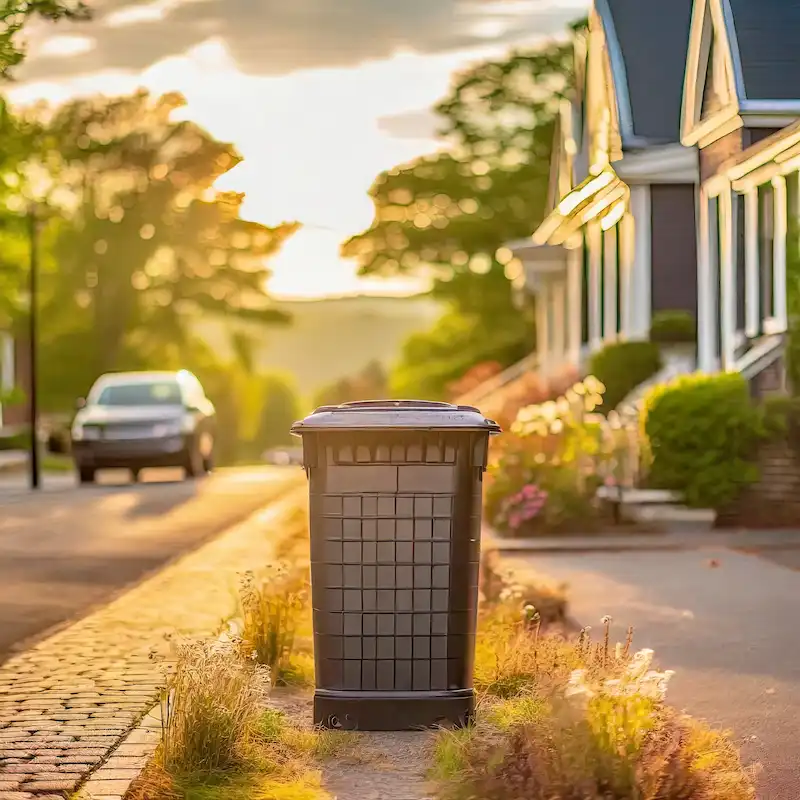 AI generated image of a plastic garbage can on the curb of a residential street.