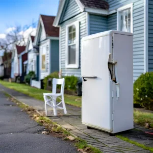 AI generated image of bulk trash on the curb of a residential street.