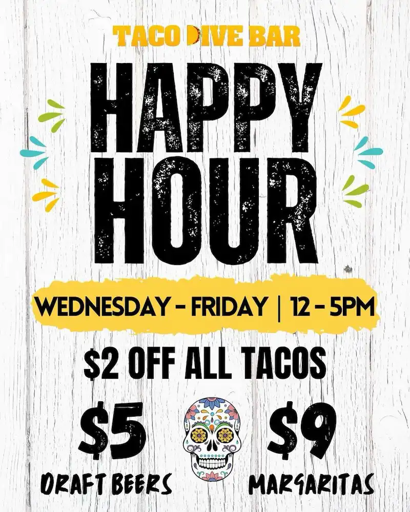 Flier for Taco Dive Bar Happy Hour