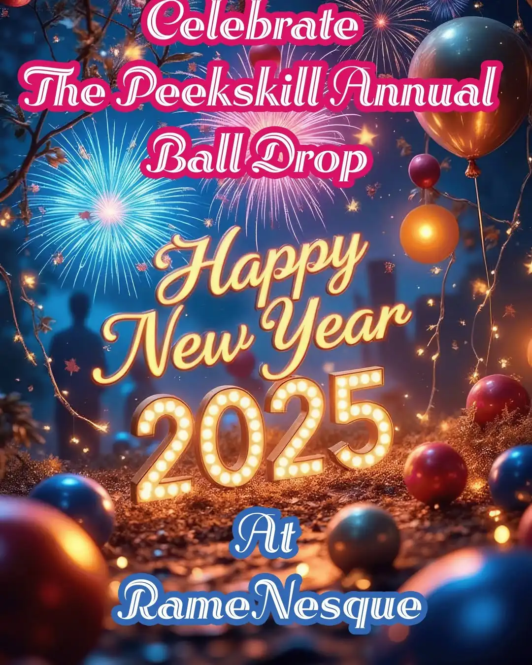 A festive promotional image for the Peekskill Annual Ball Drop New Year's celebration for 2025. The image features illuminated text "2025" in marquee-style lighting against a dark background with sparkling fireworks in shades of blue and pink in the night sky. Decorative elements include colorful balloons in red, gold, and blue scattered throughout, and twinkling lights or stars. The text "Celebrate The Peekskill Annual Ball Drop" appears in pink cursive lettering at the top, with "Happy New Year" in gold script below. The location "At Ramenesque" is shown in blue text at the bottom of the image. The overall composition creates a magical, celebratory atmosphere with a combination of lighting effects, fireworks, and holiday decorations.